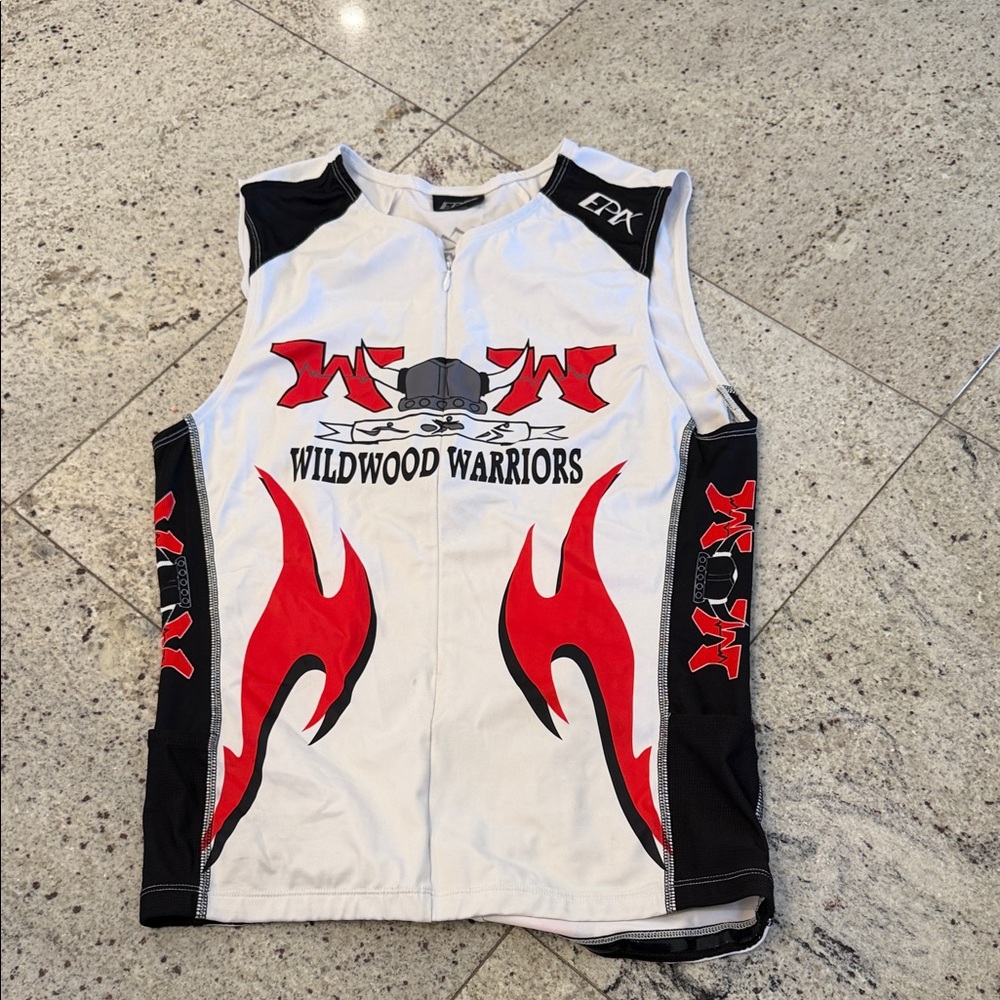 Wildwood Warriors Sleeveless Cycling Jersey with Red Flame Graphics
